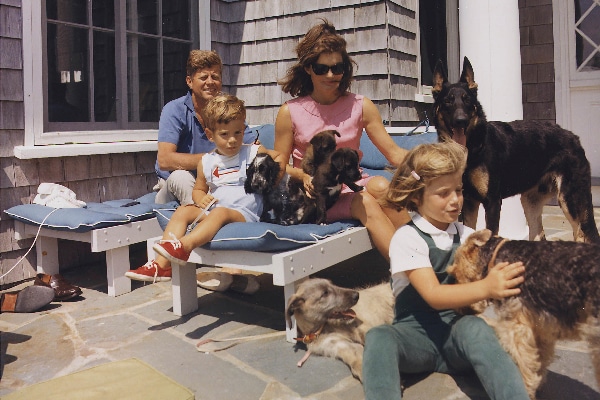 The Kennedy family with dogs during a weekend getaway.