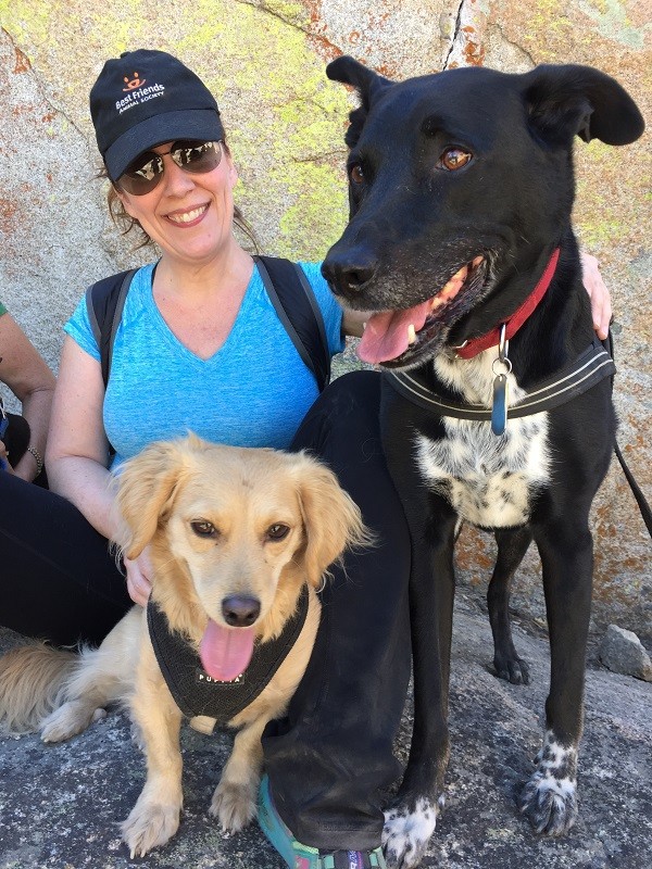 Riggins cuddles up to his human friend, Michelle Cramton and her pup Sadie. (Photo by Wendy Newell)