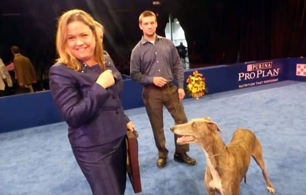 Breeder/Owner-Handler Rindi Gaudet and her Greyhound Gia, after winning Best in Show.
