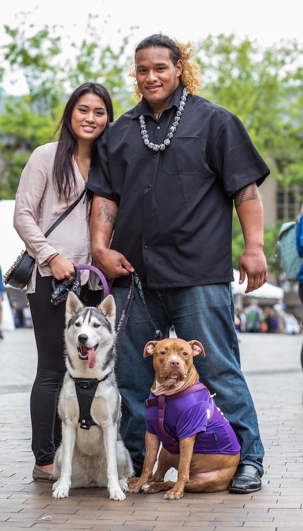 Danny Shelton and girlfriend Maria Mariano with Juicy, left, and Moni.