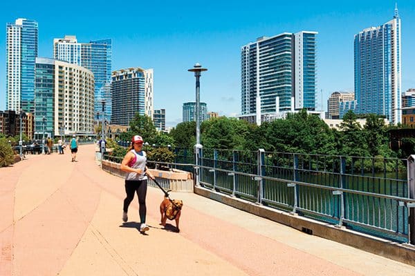 Dog-friendly options in Austin are endless, like jogging on the the Lamar Street Pedestrian Bridge that crosses over Lady Bird Lake.