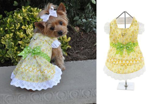 EMILY YELLOW FLORAL AND LACE DOG DRESS WITH MATCHING LEASH, FunnyFur ($28). funnyfur.com 
