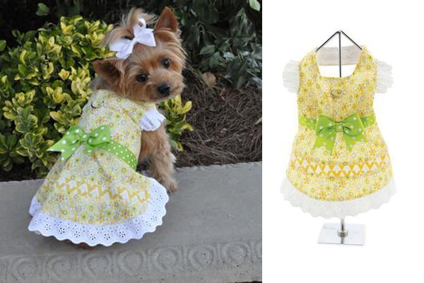 EMILY YELLOW FLORAL AND LACE DOG DRESS WITH MATCHING LEASH, FunnyFur ($28). funnyfur.com