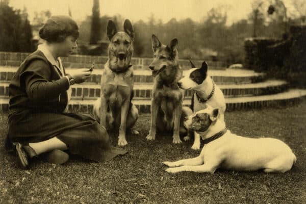 Renowned sportswoman Elisabeth Ireland Poe with her dogs — just one of the prints, paintings and sculptures at the Working Like a Dog exhibit.