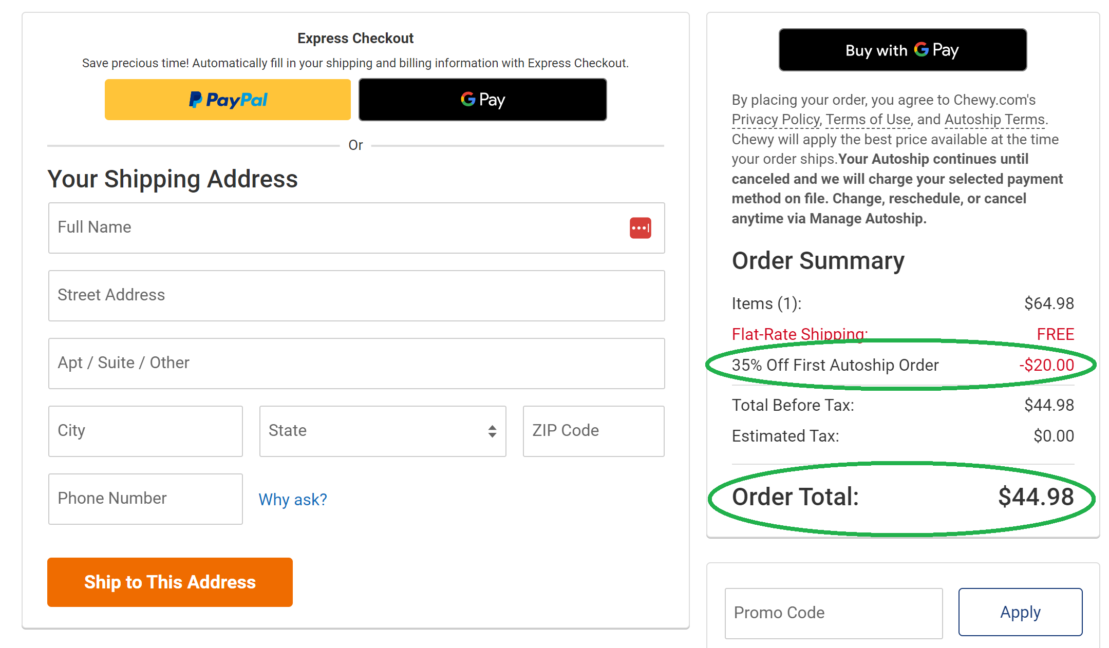 Chewy order summary showing 35% discount