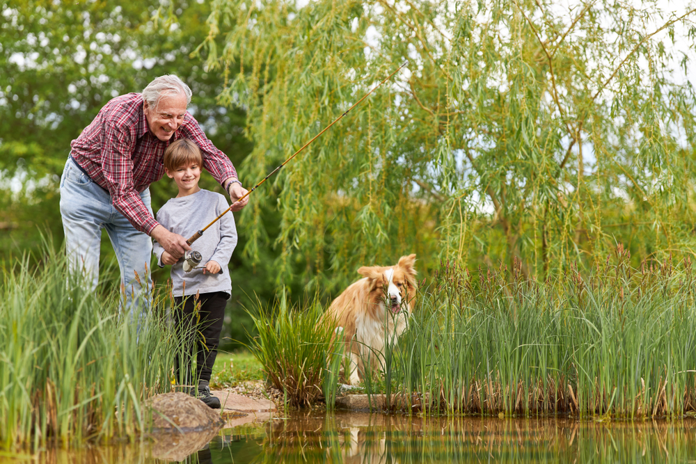 Grandfathers fishing with grandson and dog by the lake in summer