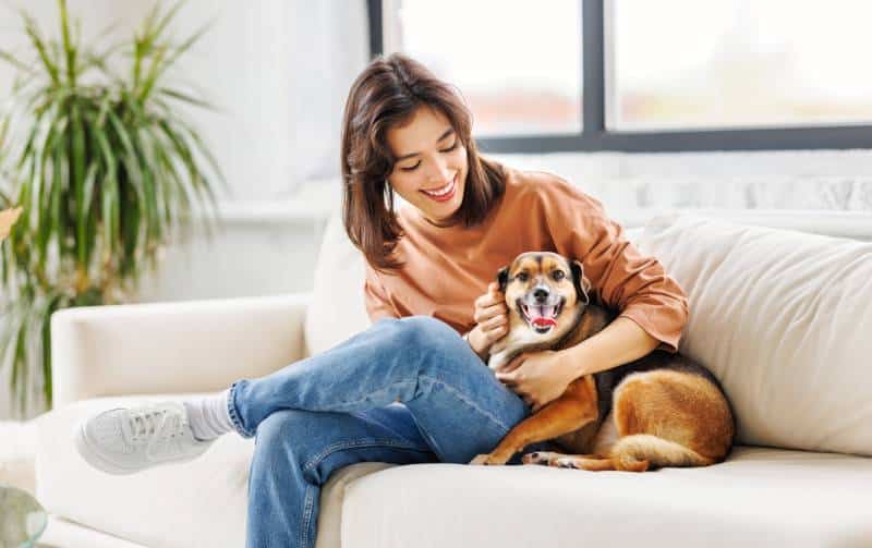 happy cheerful woman hugging her beloved pet dog at home on the couch