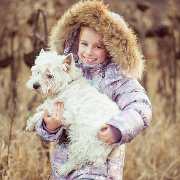 Girl hugs Westie by Shutterstock.
