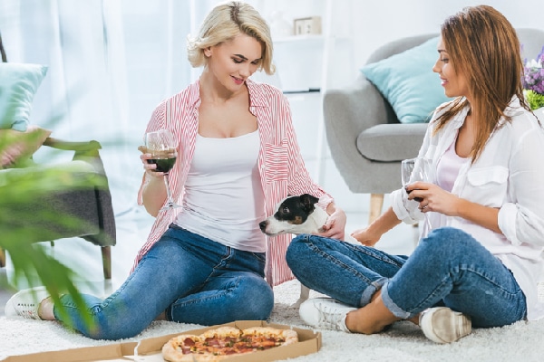 Girls drinking wine and eating pizza with a dog in a living room.