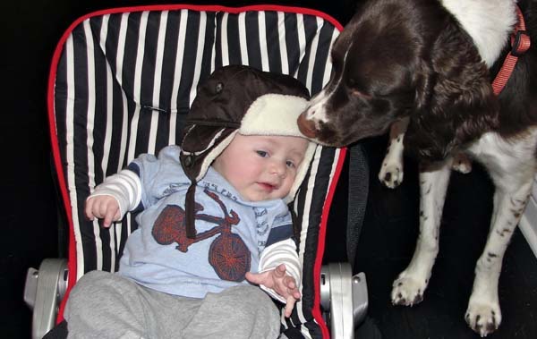 Charlie attempts to steal the hat from the head of four-month-old Grissom.