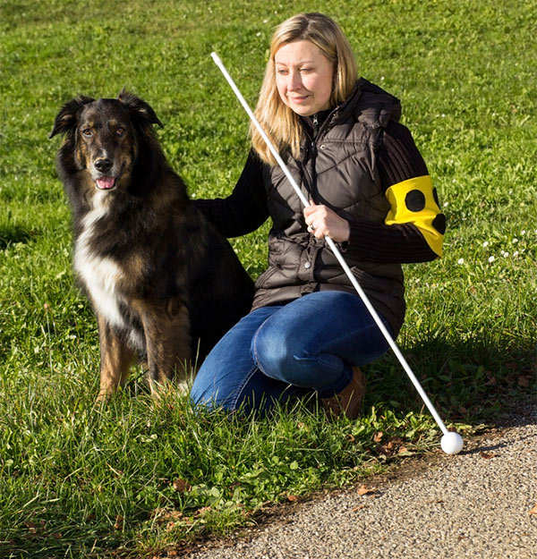 Blind woman on grass with guide dog by Shutterstock.