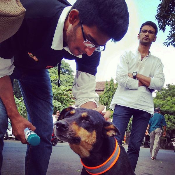 A Touch Heart team member gives affection to a dog after placing the collar. (Photo courtesy Touch Heart)