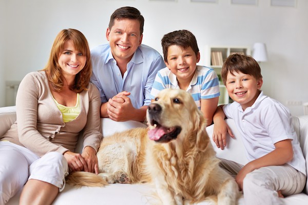 Gather everyone for a family meeting about house rules. (Dog with family by Shutterstock)