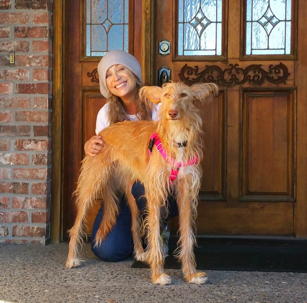 Rain Jordan and Dahlia, her beloved wire-haired Podenca she rescued from a perrera in Valencia, Spain in 2014. Photo credit: Hound Sanctuary