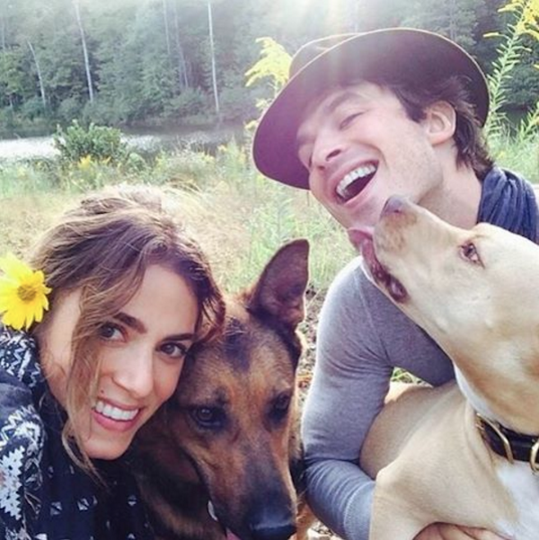 Nikki Reed and Ian Somerhalder with two of their pups. (Photo courtesy Ian Somerhalder Foundation Instagram)