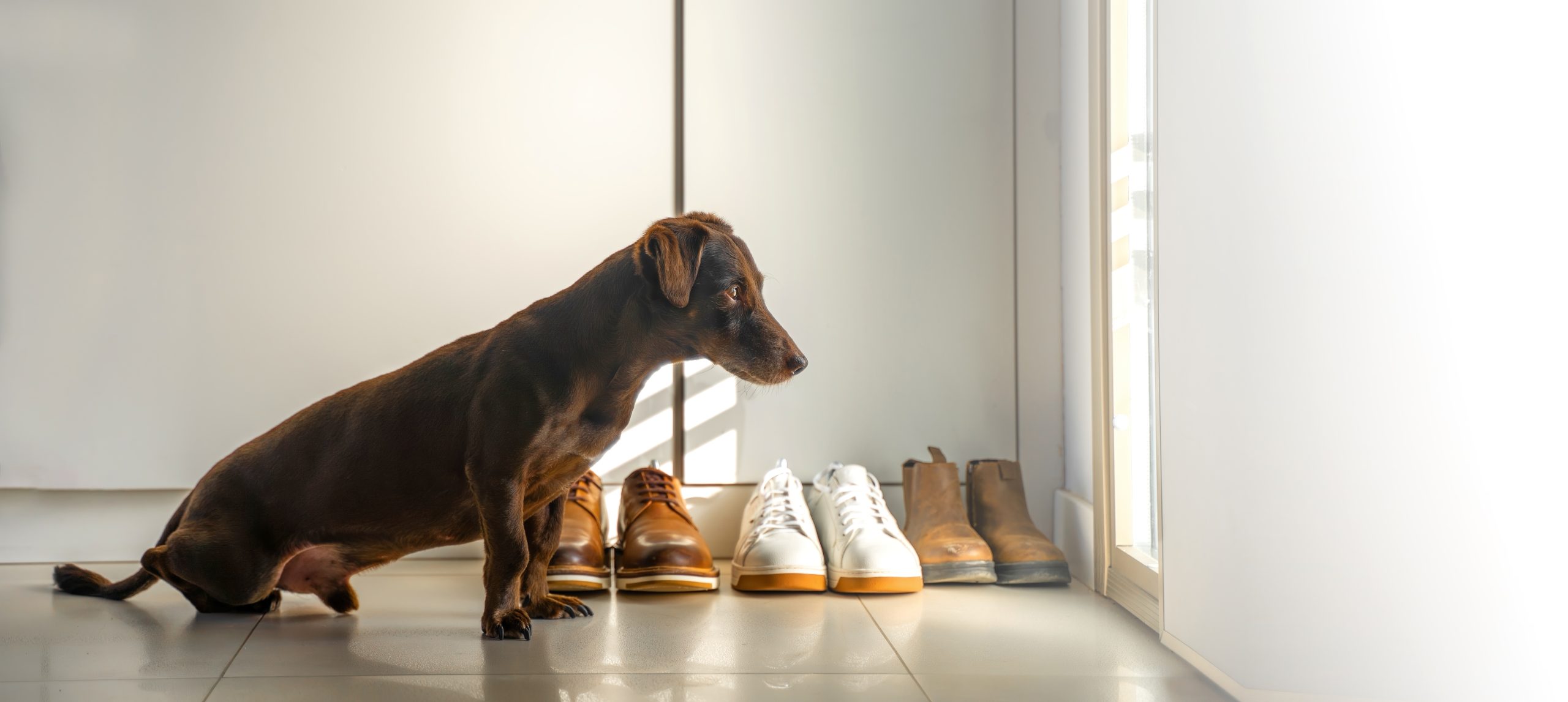 Faithful Brown Dog Waits For Return Of Owners Back Home Standing At Front Entrance Door