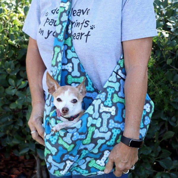 Annie models a Molly McB dog sling and collar while Emily's mom models one of the company's human shirts. (Photo courtesy Emily Moncur)