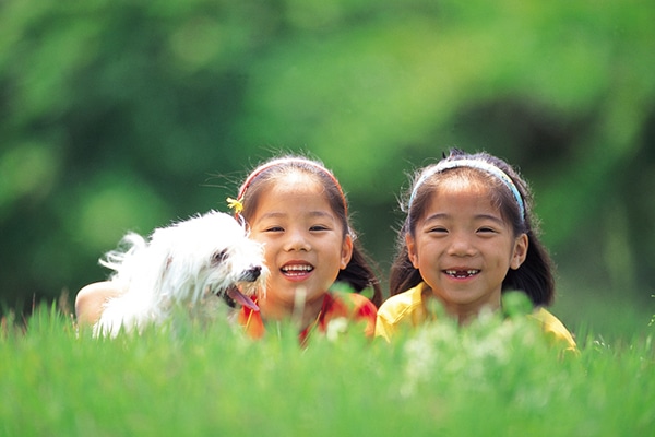 Two girls with a happy white dog in grass.