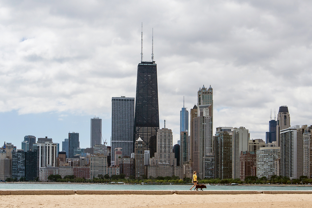 A woman walking her dog in front of the Chicago skyline