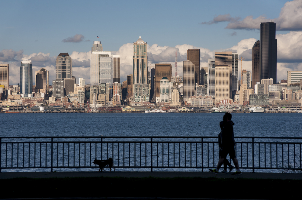 A couple walking their dog along the West Seattle waterfront park