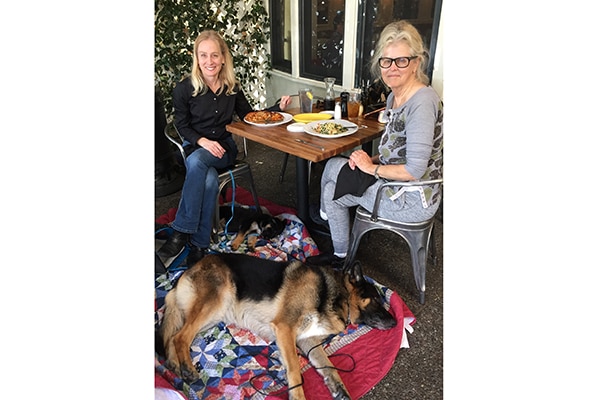 Anja and her sire, Dante, join me and Deborah Stern for outdoor dining.