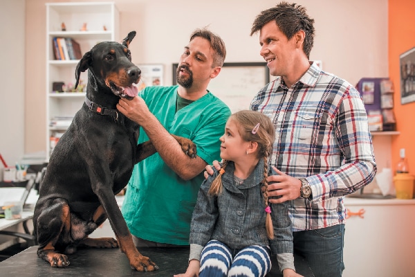 A family and a dog at the vet.