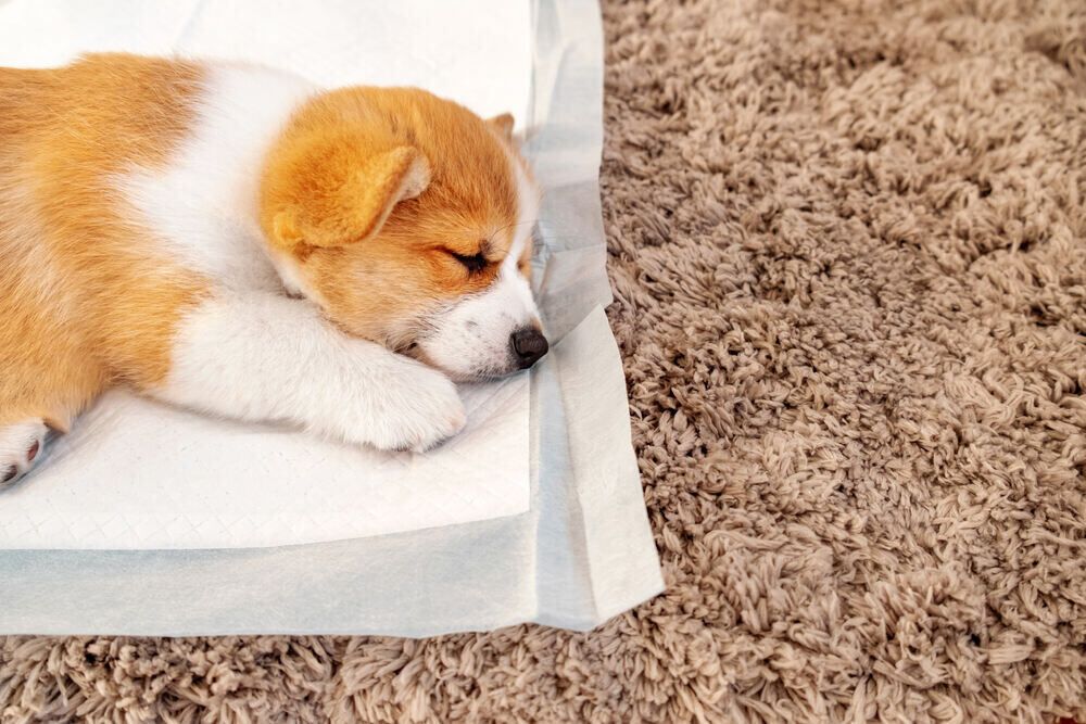 Welsh Corgi Pembroke laying on training pads