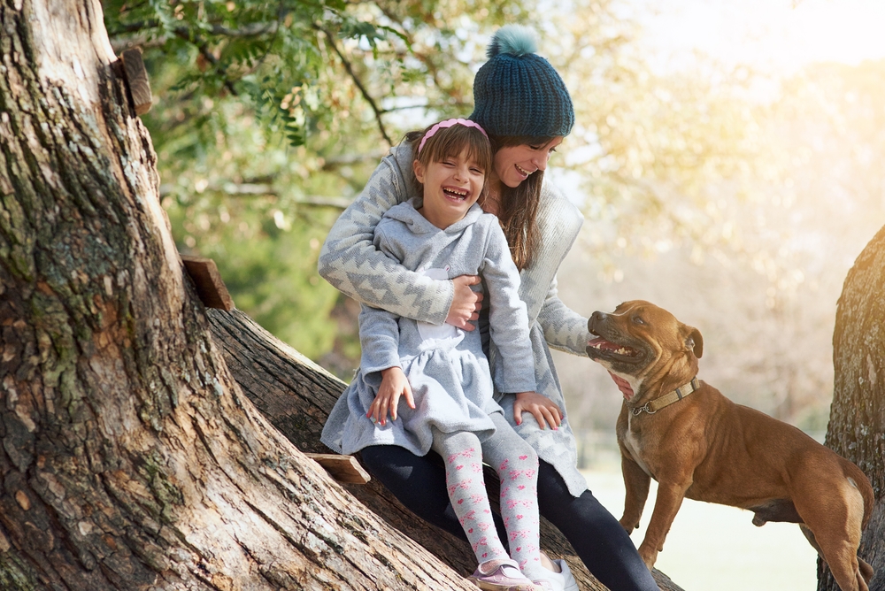 Pitbull standing by a family on the woods
