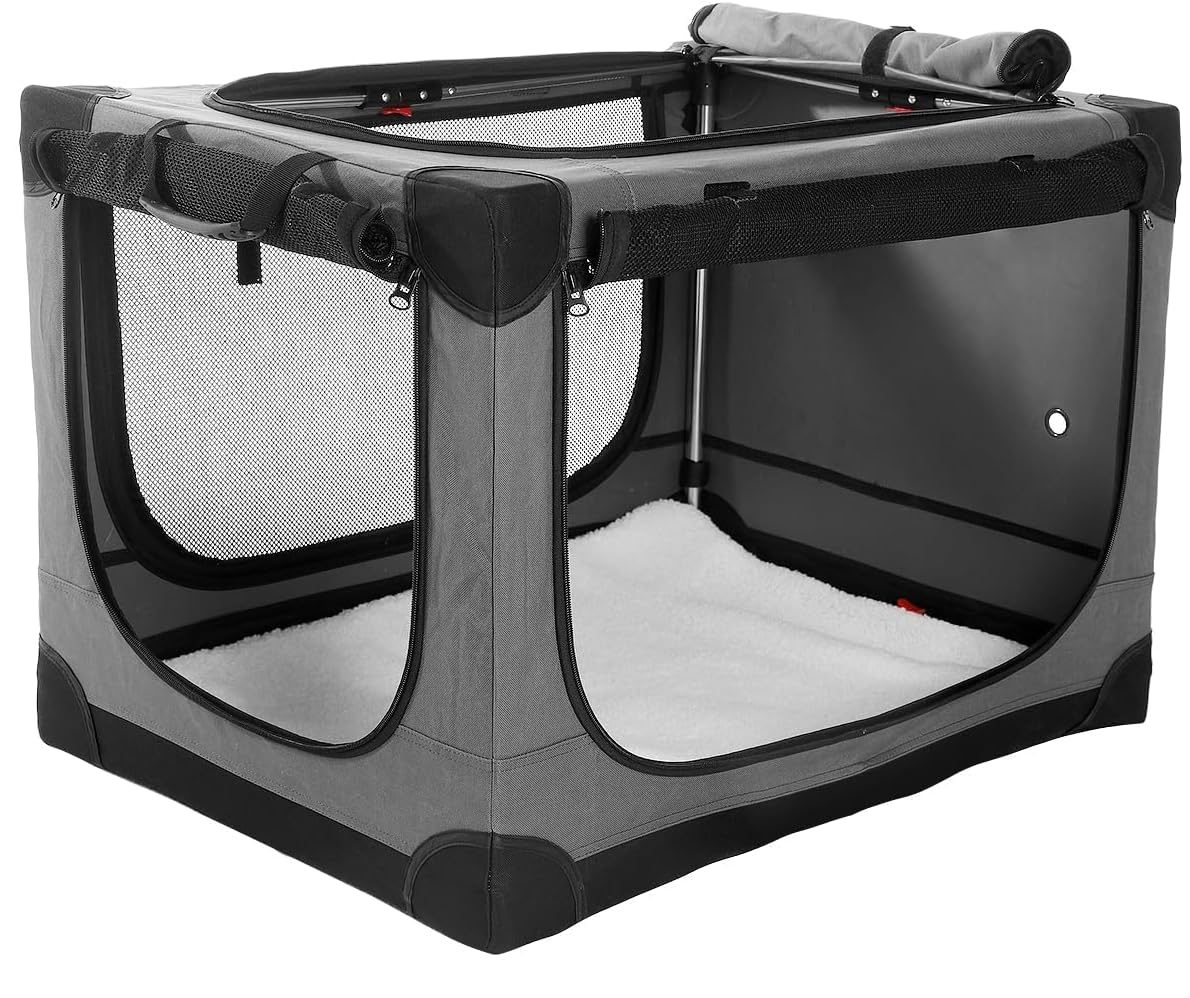 42 Inch Collapsible Travel Dog Crate for Medium Large Dogs, Portable Dog Crate 4-Door Foldable Soft Kennel with Durable Mesh Windows for Indoor & Outdoor Travel, with Storage Bag,Grey