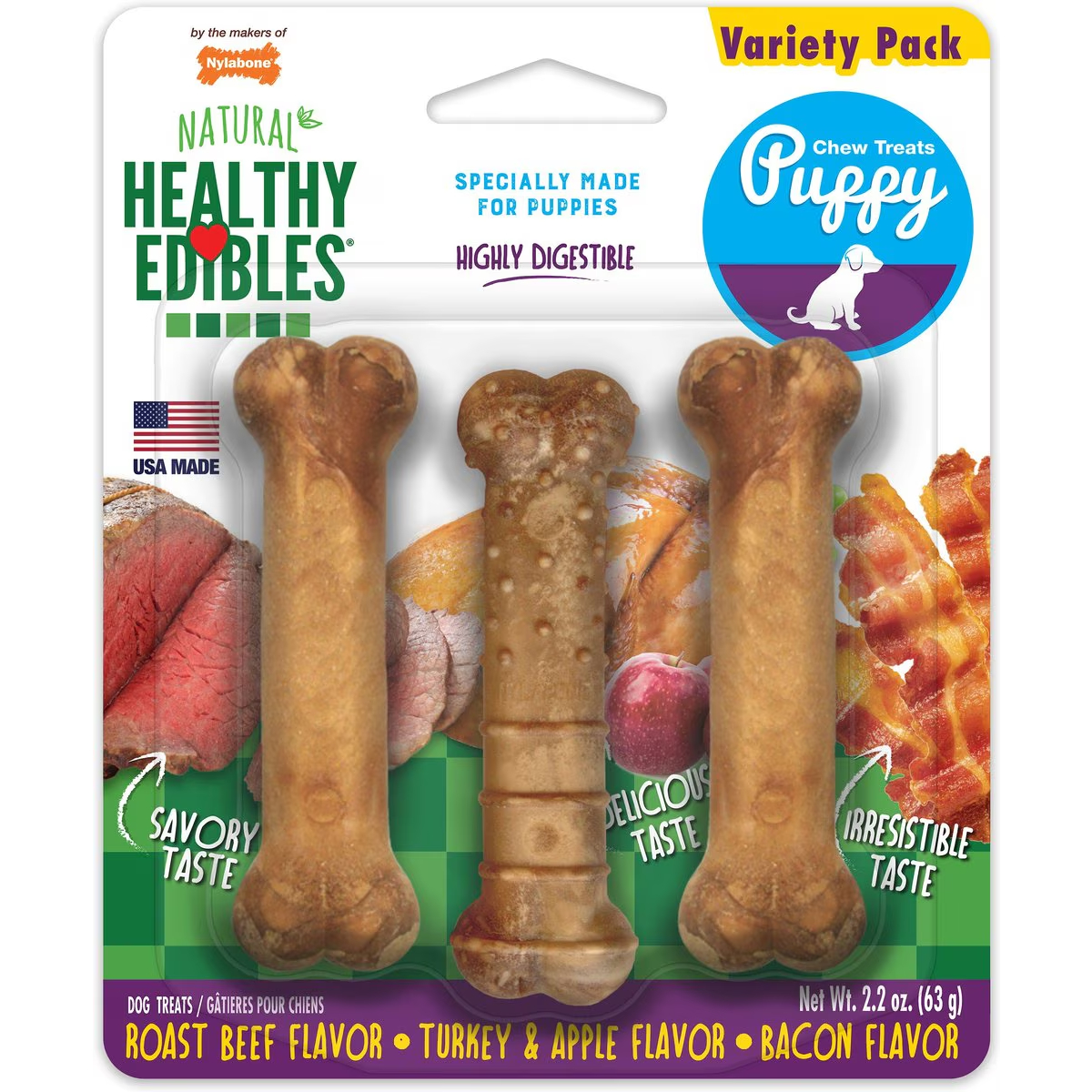 Nylabone Healthy Edibles Bacon, Roast Beef, & Turkey Puppy Starter Kit Dog Treats 