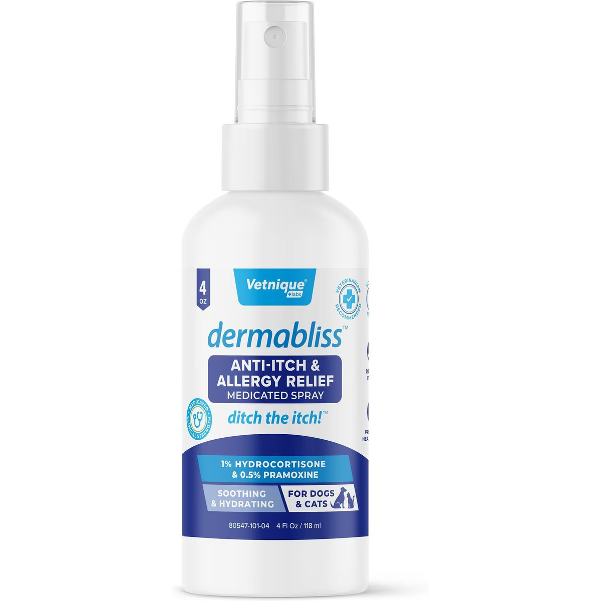 Vetnique Labs Dermabliss Hydrocortisone Anti-Itch & Allergy Relief Soothing & Hydrating Medicated Cortisone Dog & Cat Spray
