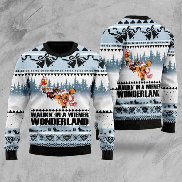 Dog christmas sweaters walking in a winter weiner wonderland gerbera