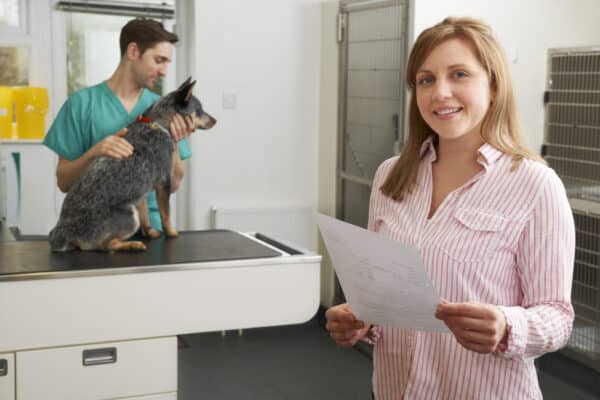 Happy Woman Looking At Bill In Veterinary Surgery