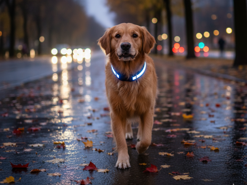 Dog with relfective collar on dark night walk