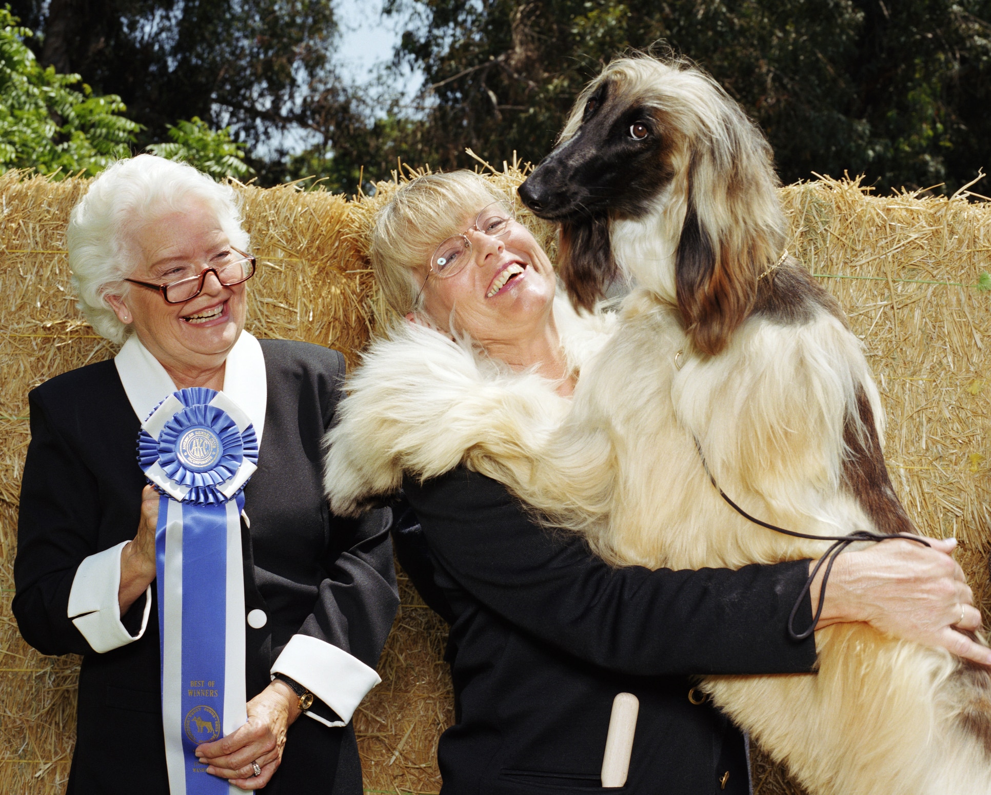Woman hugging Afghan hound at dog show, female judge holding ribbon