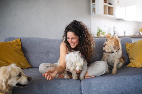 Woman with three pet dogs sitting indoors at home, relaxing.
