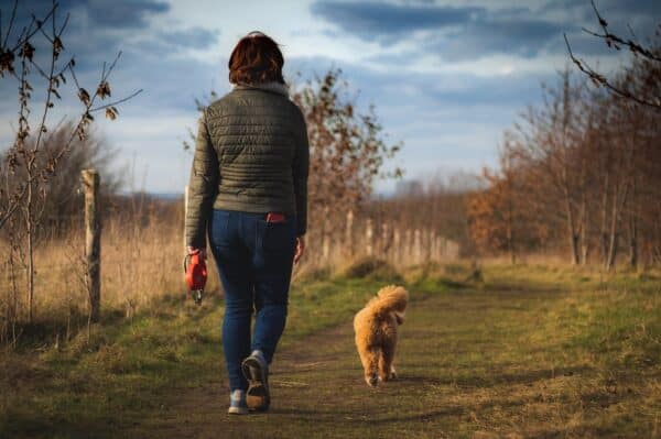 woman walking dog on path