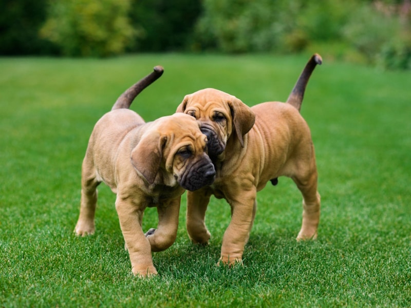 Two Fila Brasileiro puppies playing in the grass