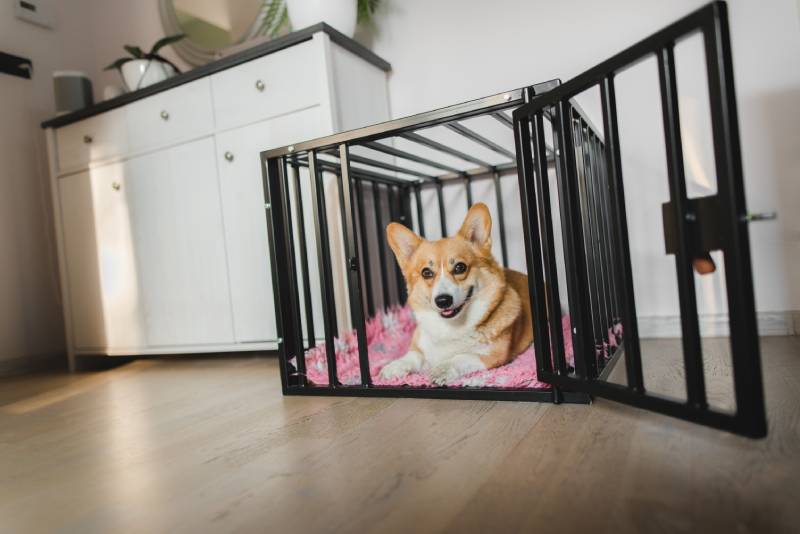 Welsh corgi pembroke dog in an open crate during a crate training