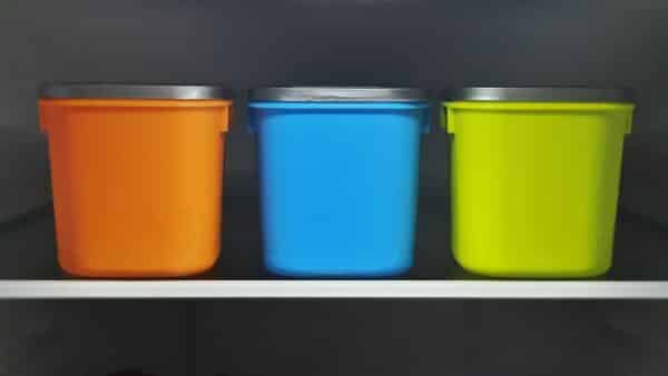 orange, blue, and green plastic containers