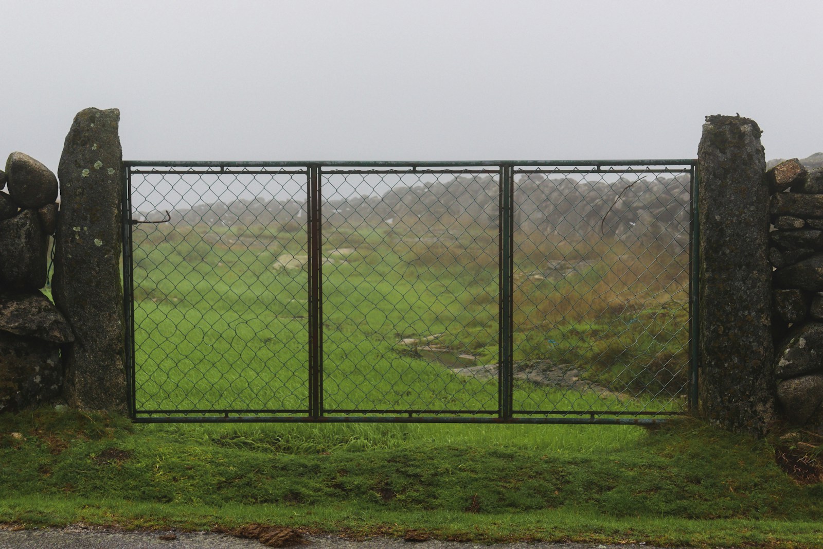 a fenced off area with a grassy field and rocks in the background