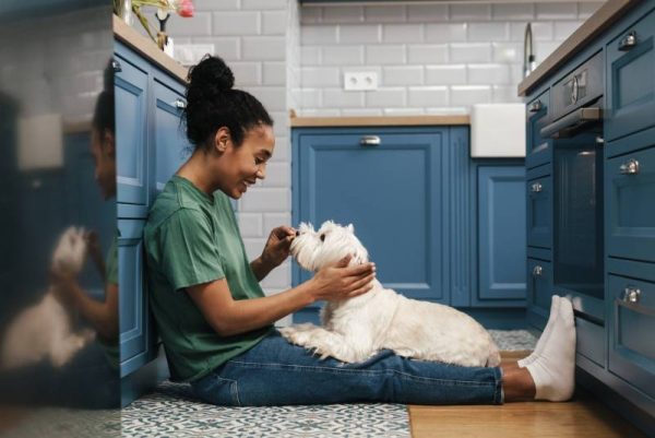 Smiling mid aged african woman playing with her dog in the kitchen