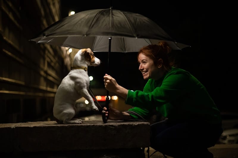 Woman taking dog for walk with umbrella
