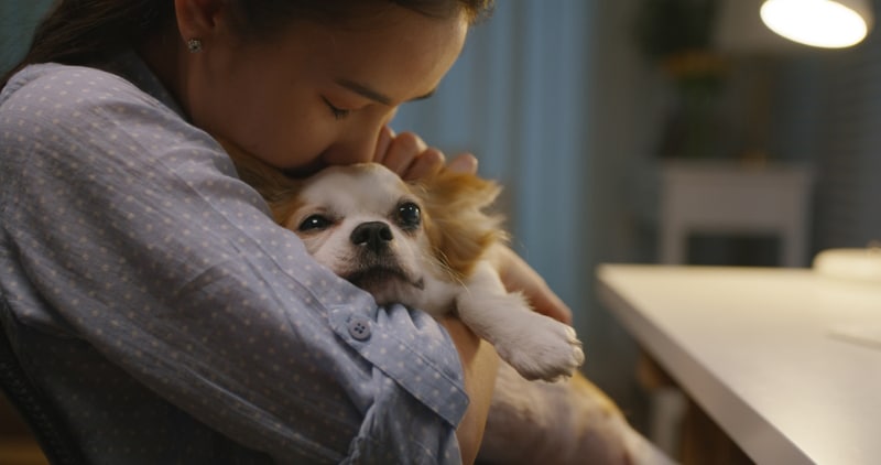 woman hugging her dog at night