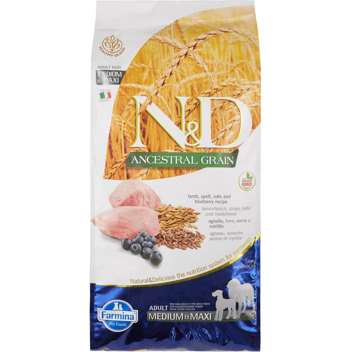 Farmina N&D Ancestral Grain Lamb & Blueberry Medium & Maxi Adult Dry Dog Food (1)