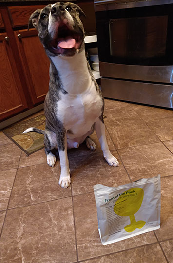 Front of the Pack air-dried food packaging in front the dog