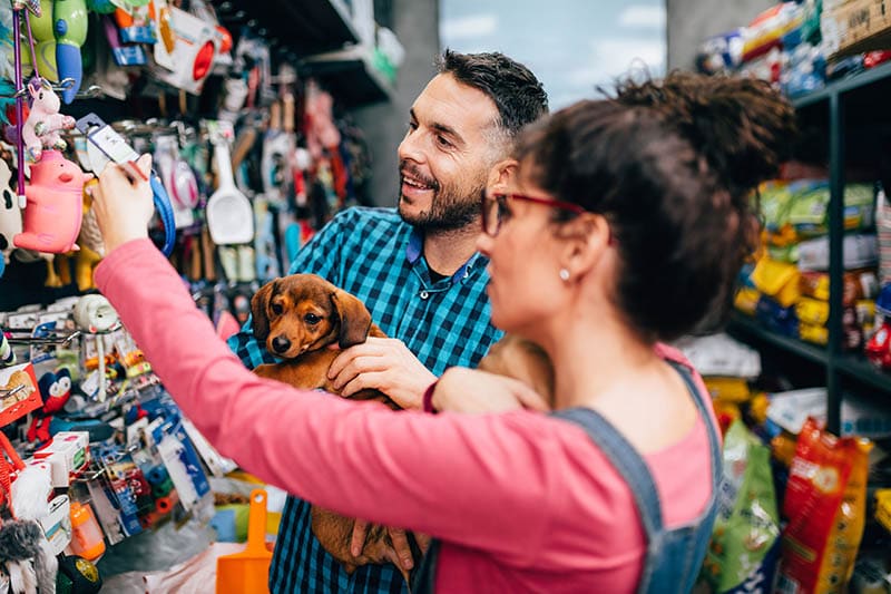Happy couple with their puppy buying dog toys in pet shop
