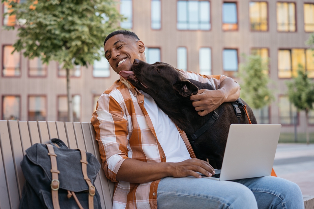 Happy man with dog on a park bench in campus