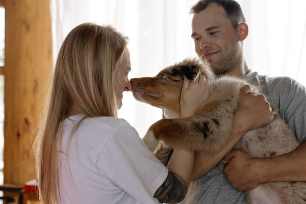 Man Carrying a Australian Shepherd Dog Beside a Woman