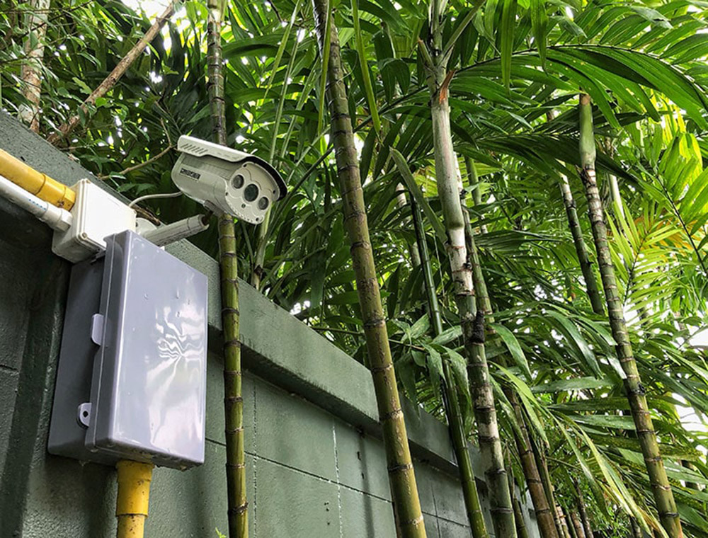 Outdoor CCTV security camera installed at fence of house backyard garden.